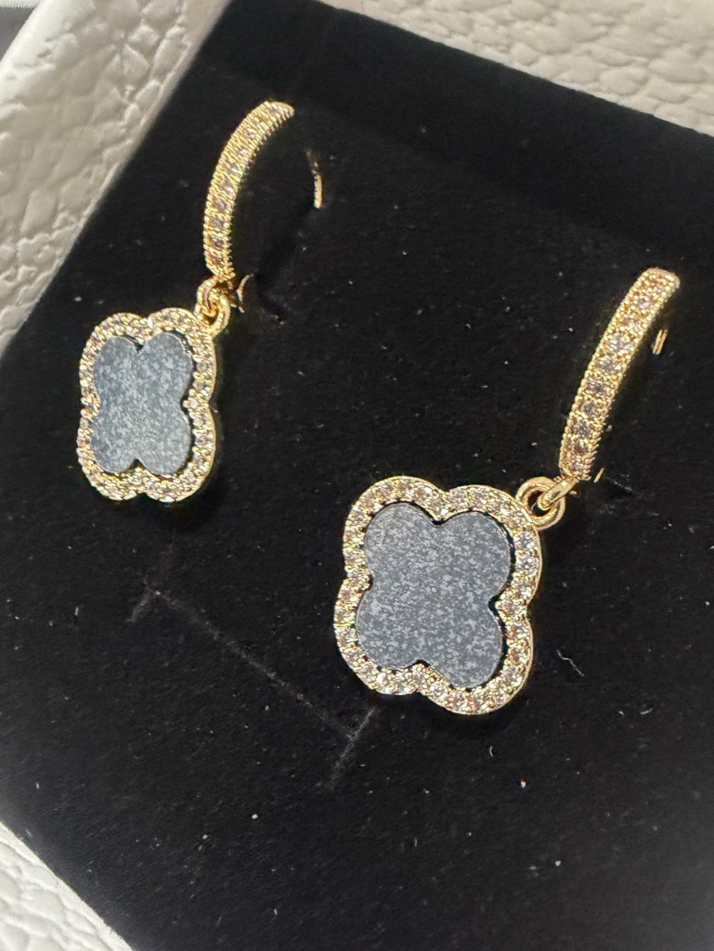 18k Gold Plated Black MarbleClover Drop Earrings with Crystal Halo